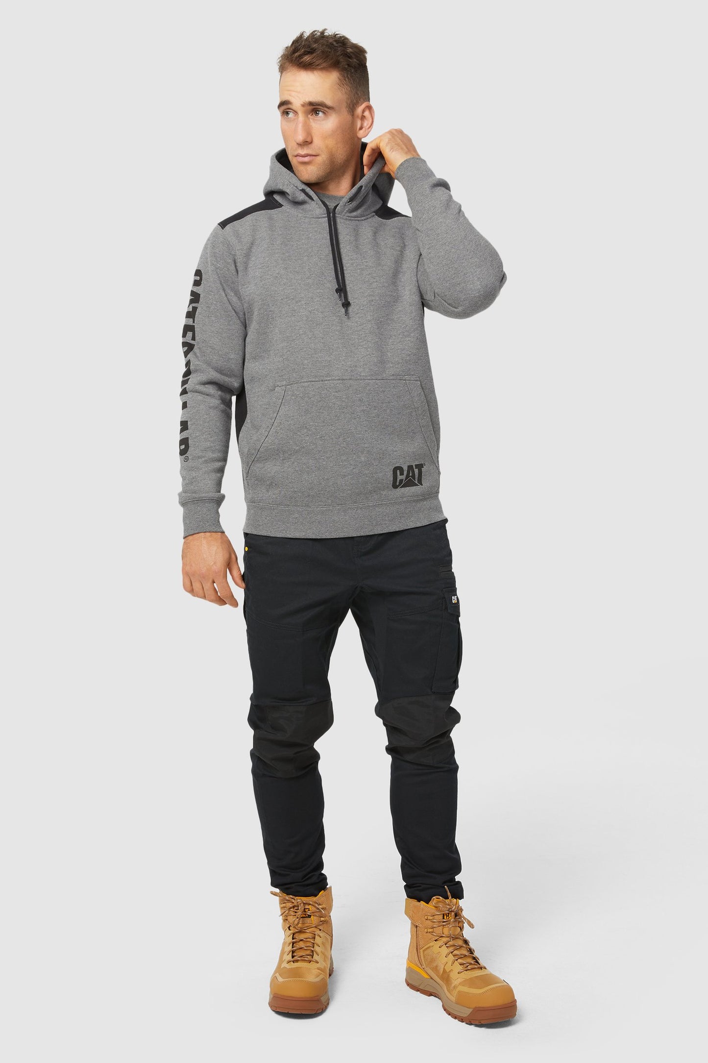 CAT - Logo Panel Hooded Sweatshirt (Dark Heather Grey)