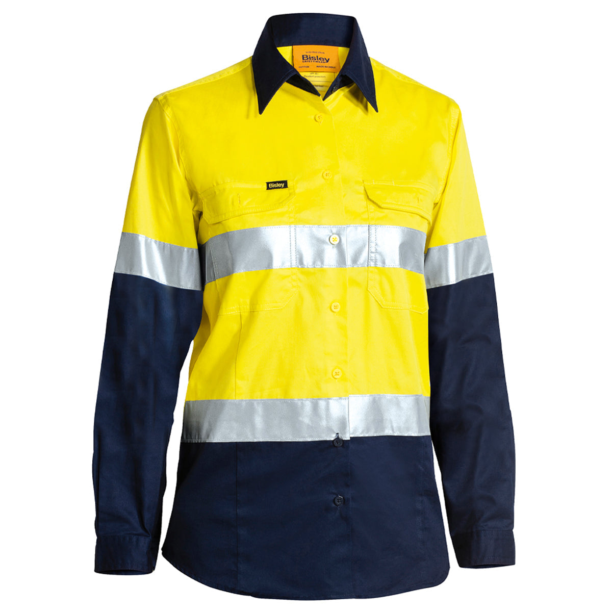 Bisley - Womens Taped Hi Vis Cool Lightweight Drill Shirt (Yellow/Navy)