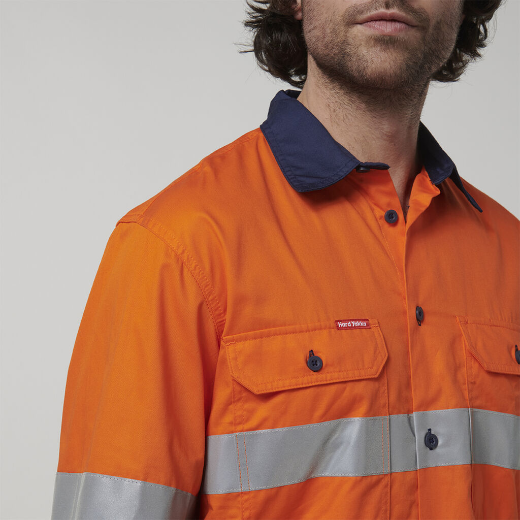 Hard Yakka - Core Hi Vis Long Sleeve 2-Tone Taped Vented Shirt (Orange/Navy)
