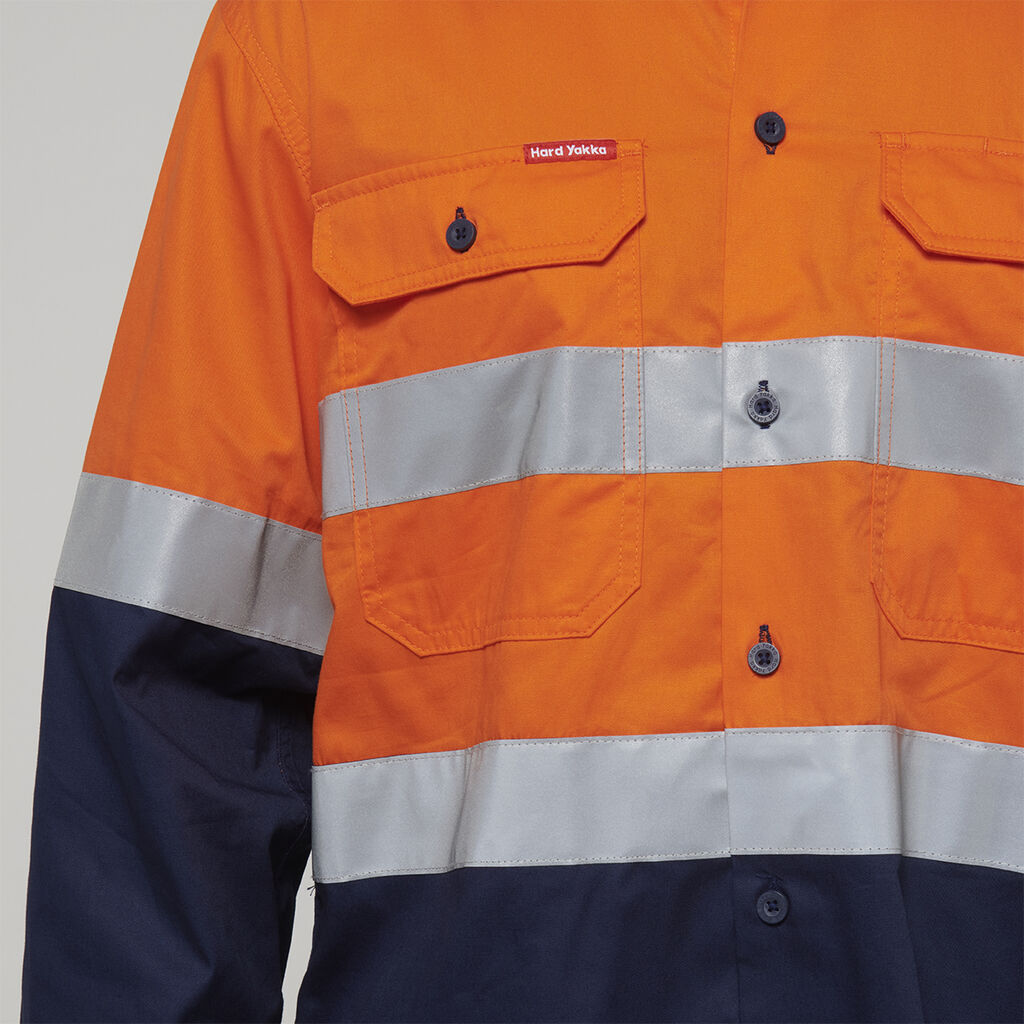 Hard Yakka - Core Hi Vis Long Sleeve 2-Tone Taped Vented Shirt (Orange/Navy)