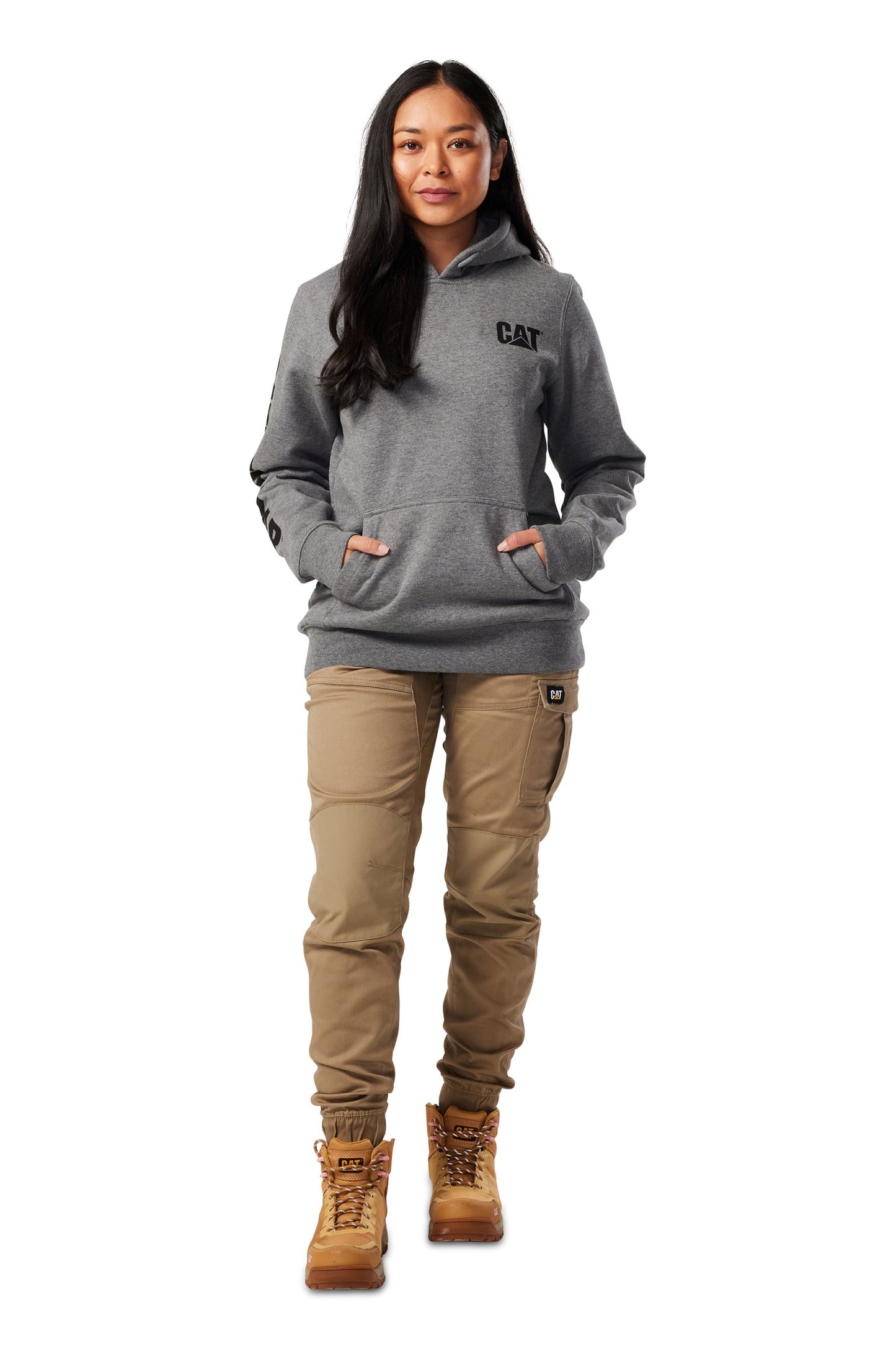 CAT - Womens Trademark Banner Pullover Hoodie (Dark Heather Grey)