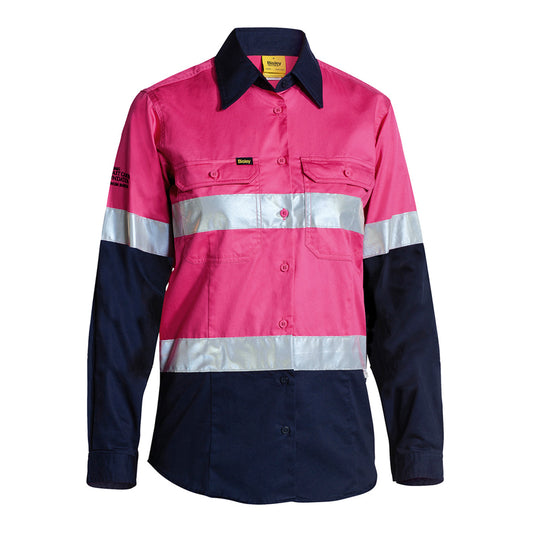 Bisley - Womens Taped Hi Vis Cool Lightweight Drill Shirt (Pink/Navy)