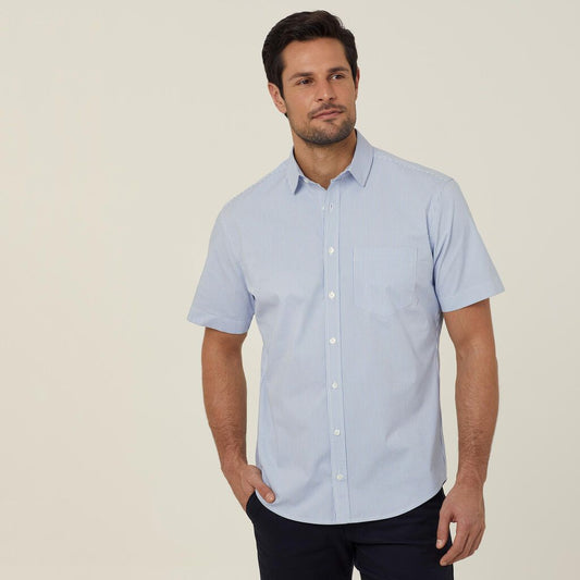 NNT - Avignon Fine Block Stripe Stretch Short Sleeve Shirt (Light Blue Stripe)