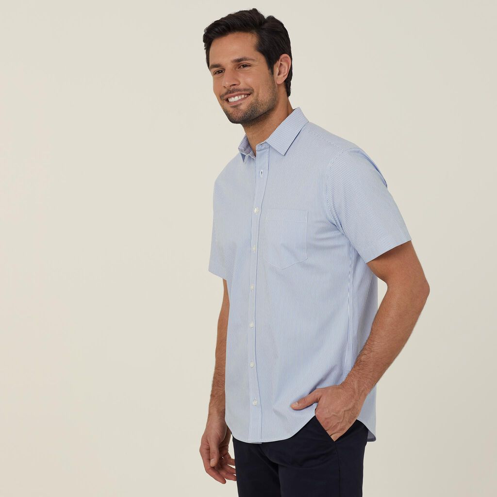NNT - Avignon Fine Block Stripe Stretch Short Sleeve Shirt (Light Blue Stripe)