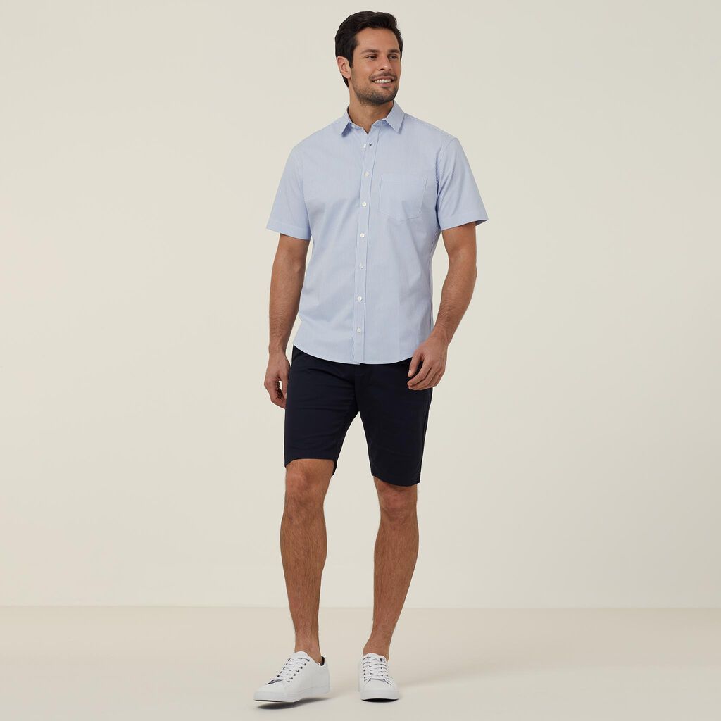 NNT - Avignon Fine Block Stripe Stretch Short Sleeve Shirt (Light Blue Stripe)
