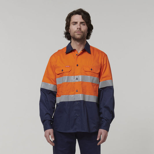 Hard Yakka - Core Hi Vis Long Sleeve 2-Tone Taped Vented Shirt (Orange/Navy)