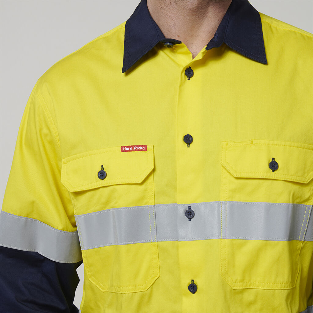 Hard Yakka - Core Hi Vis Long Sleeve 2-Tone Taped Vented Shirt (Yellow/Navy)